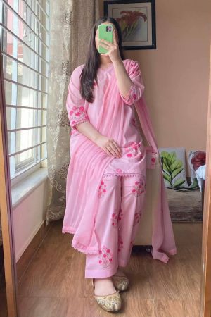 Pink Cotton Floral Print Three Piece Salwar Kameez Set