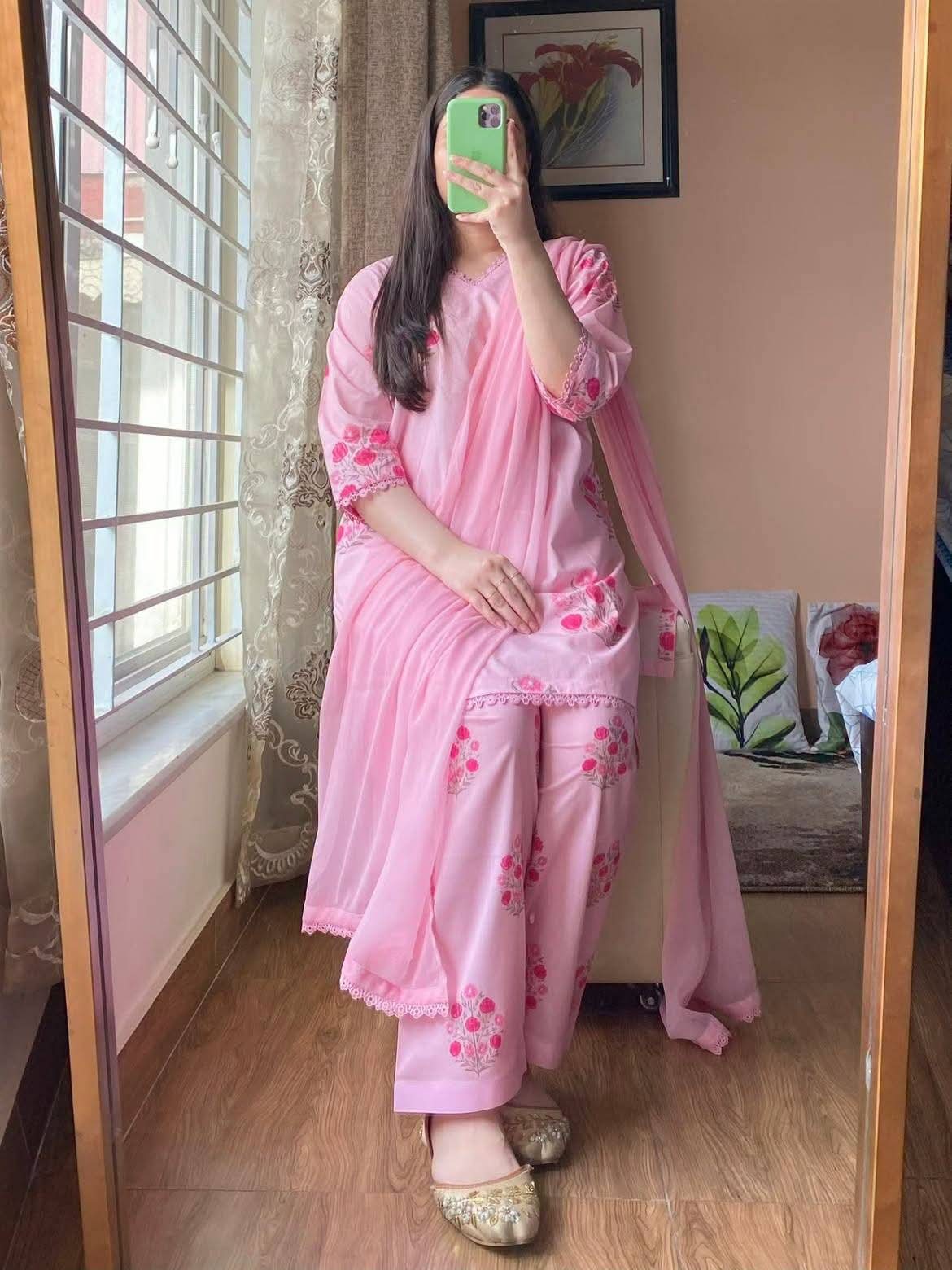 Pink Cotton Floral Print Three Piece Salwar Kameez Set