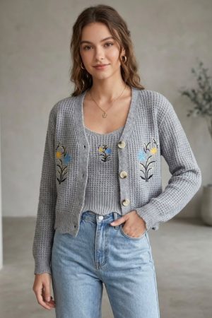 Bloom Knit Cardigan Set for Women | Floral Embroidered Cardigan & Crop Tank
