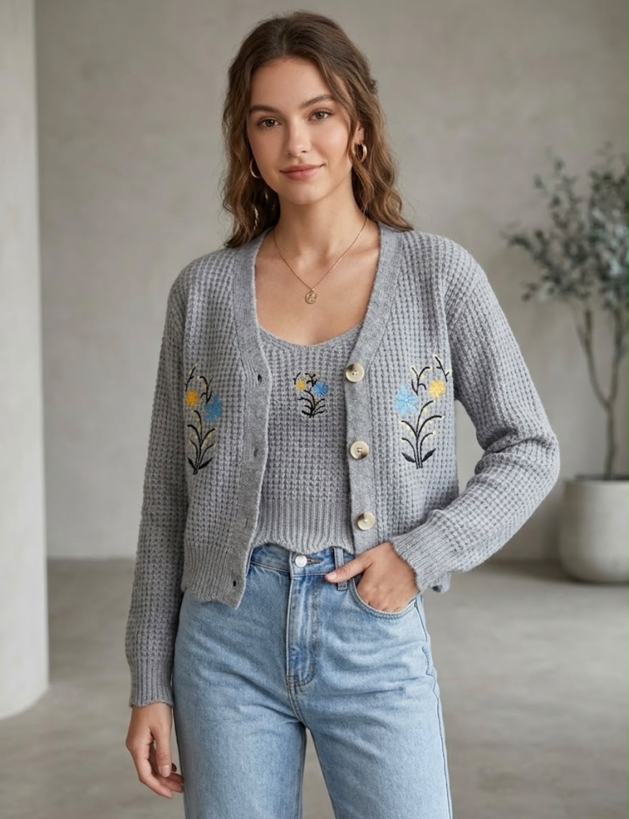 Bloom Knit Cardigan Set for Women | Floral Embroidered Cardigan & Crop Tank