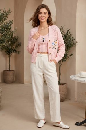 Bloom Knit Cardigan Set for Women | Floral Embroidered Cardigan & Crop Tank